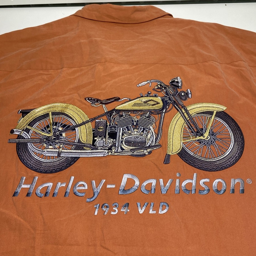 Harley Davidson Shirt Men 2XL Orange Embroidered 1934 VLD Silk Blend Camp
